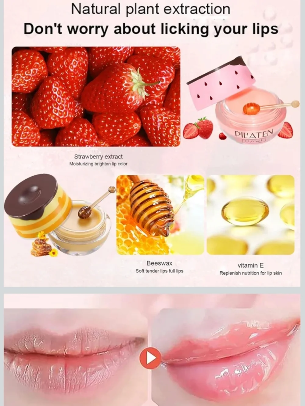 Strawberry & Honey Lip Balm Natural Beeswax Hydrating + Honey Dipper Applicator